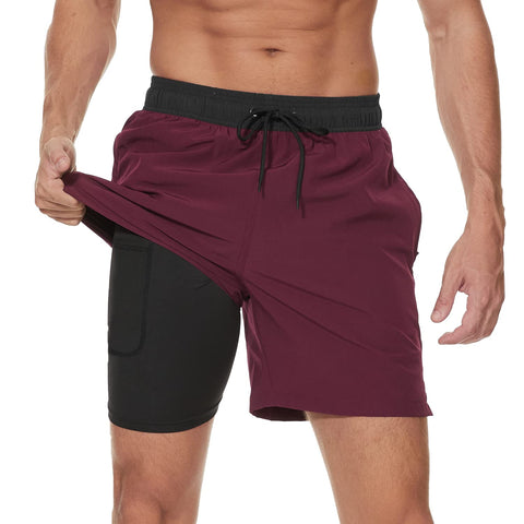 Arcweg Mens Swim Trunks with Compression Liner 2 in 1 Beach Swimming Trunks Quick Dry Swim Shorts with Zipper Pockets