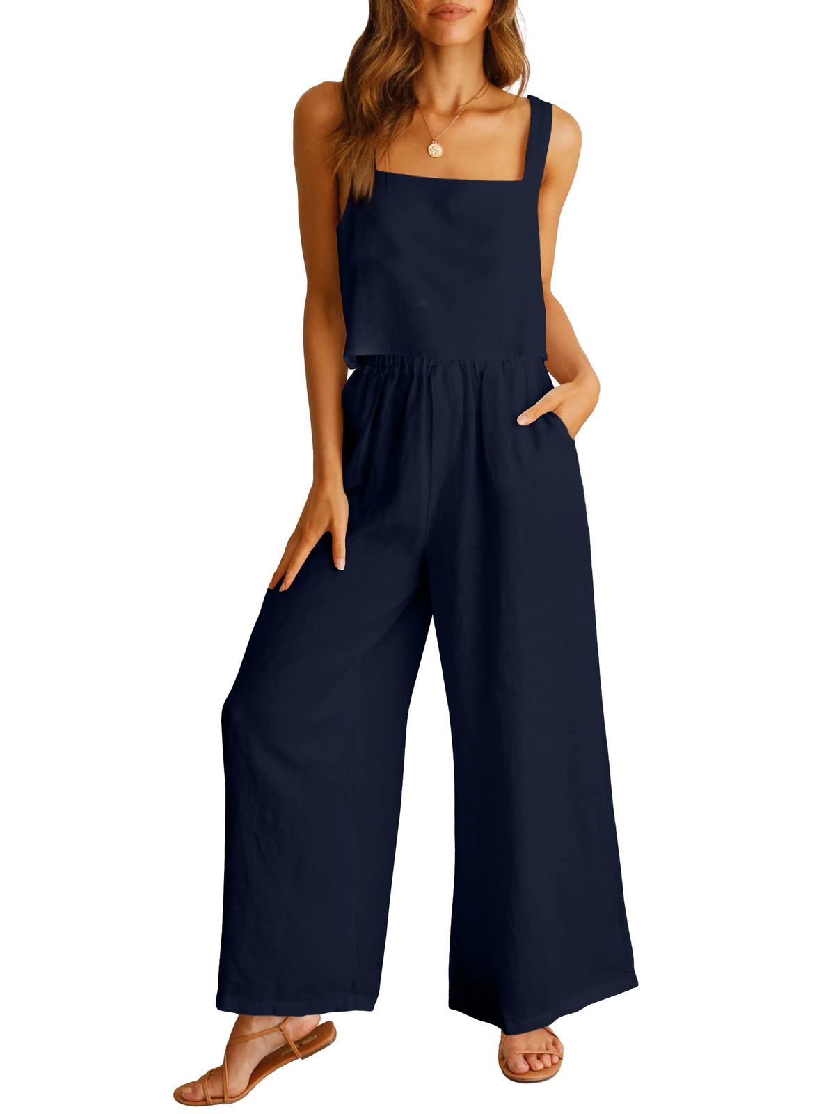 ANRABESS Women's 2 Piece Outfits Linen Pants Jumpsuit Matching Lounge Set Casual Summer Beach Vacation Trendy Clothes Navy Blue XX-Large