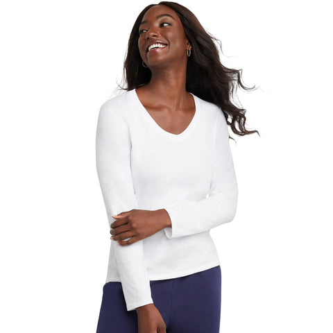 Hanes Comfortblend Women's Originals Long Sleeve Cotton T-Shirt, Lightweight V-Neck Tee, Modern Fit, White, X-Small
