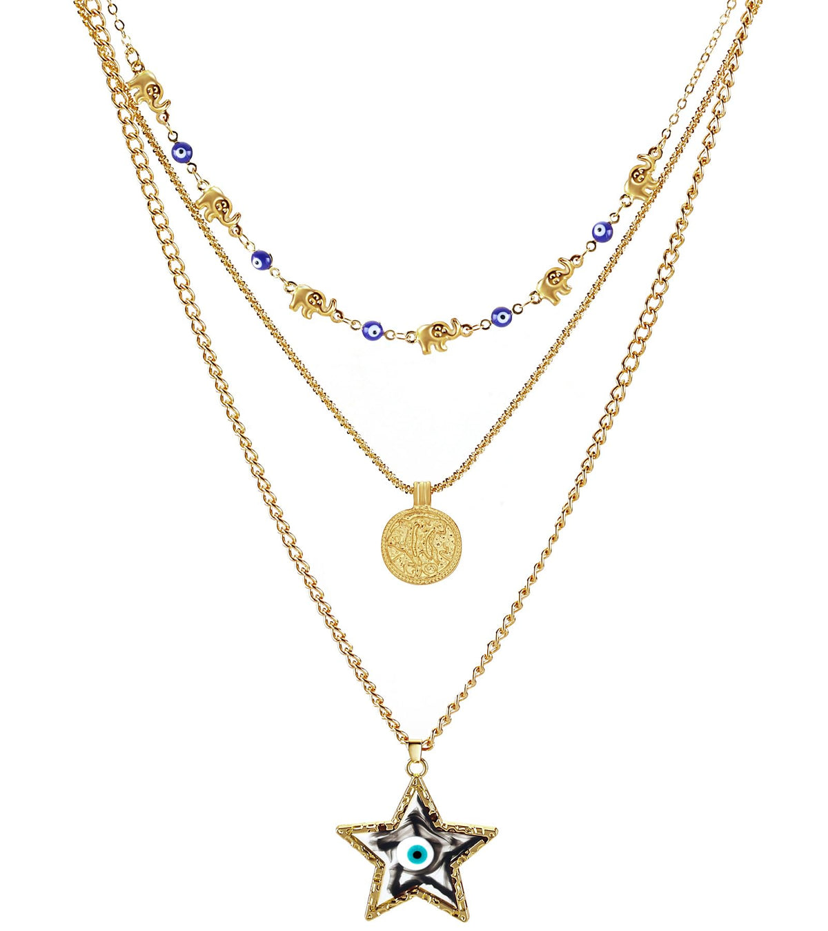 Evil Eye Necklace for Women 3PCS Layered Necklace 14K Gold Evil Eye Necklace for Friends Lucky Star and Evil Eye Pendant Necklace for Mom Jewelry Gifts for Her Birthday Christmas
