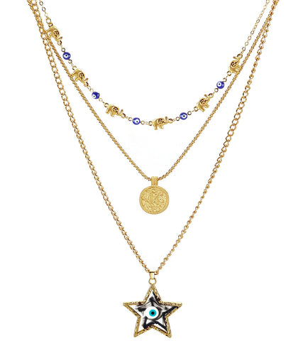 Evil Eye Necklace for Women 3PCS Layered Necklace 14K Gold Evil Eye Necklace for Friends Lucky Star and Evil Eye Pendant Necklace for Mom Jewelry Gifts for Her Birthday Christmas