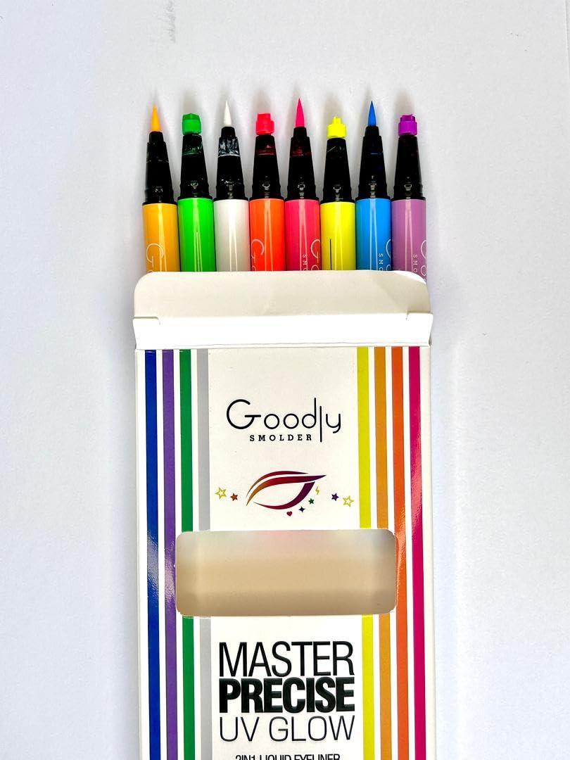 Goodly Smolder 8 Colors Master Precise UV Glow 2 IN 1 Liquid Eyeliner Set, Matte Colored Eyeliners Pen, Colorful Waterproof Smudge-proof Pigmented Graphic Liners.