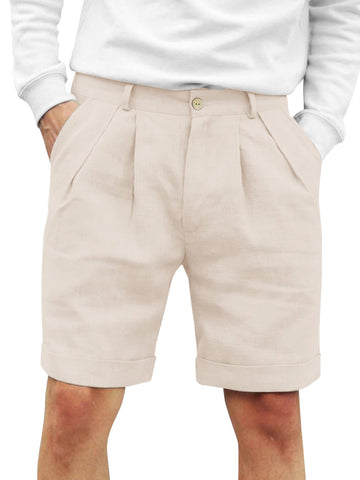 Runcati Mens Cotton Linen Flat Front Shorts Button Up Closure Elastic Waist Regular Fit Summer Beach Shorts Beige