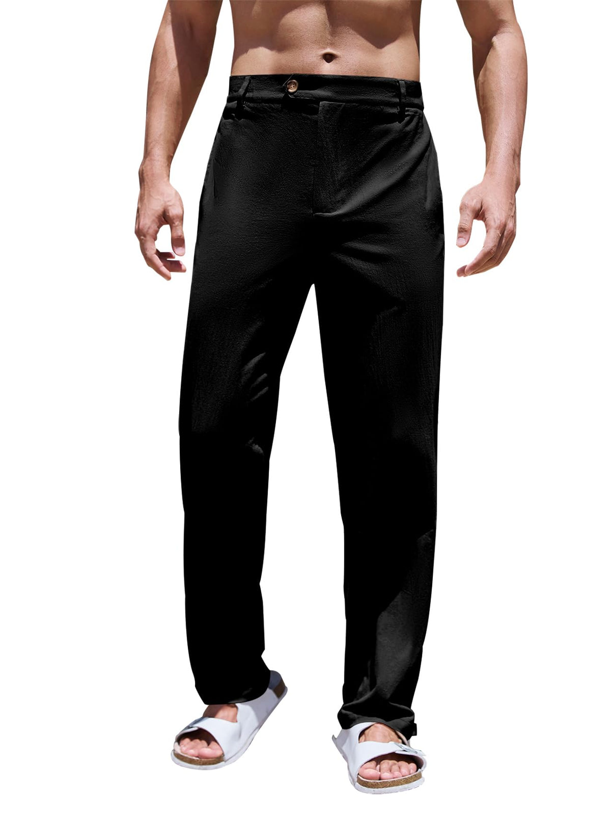 PASLTER Mens Cotton Linen Loose Pant Casual Lightweight Flat-Front Trouser Yoga Beach Pants for Men Black