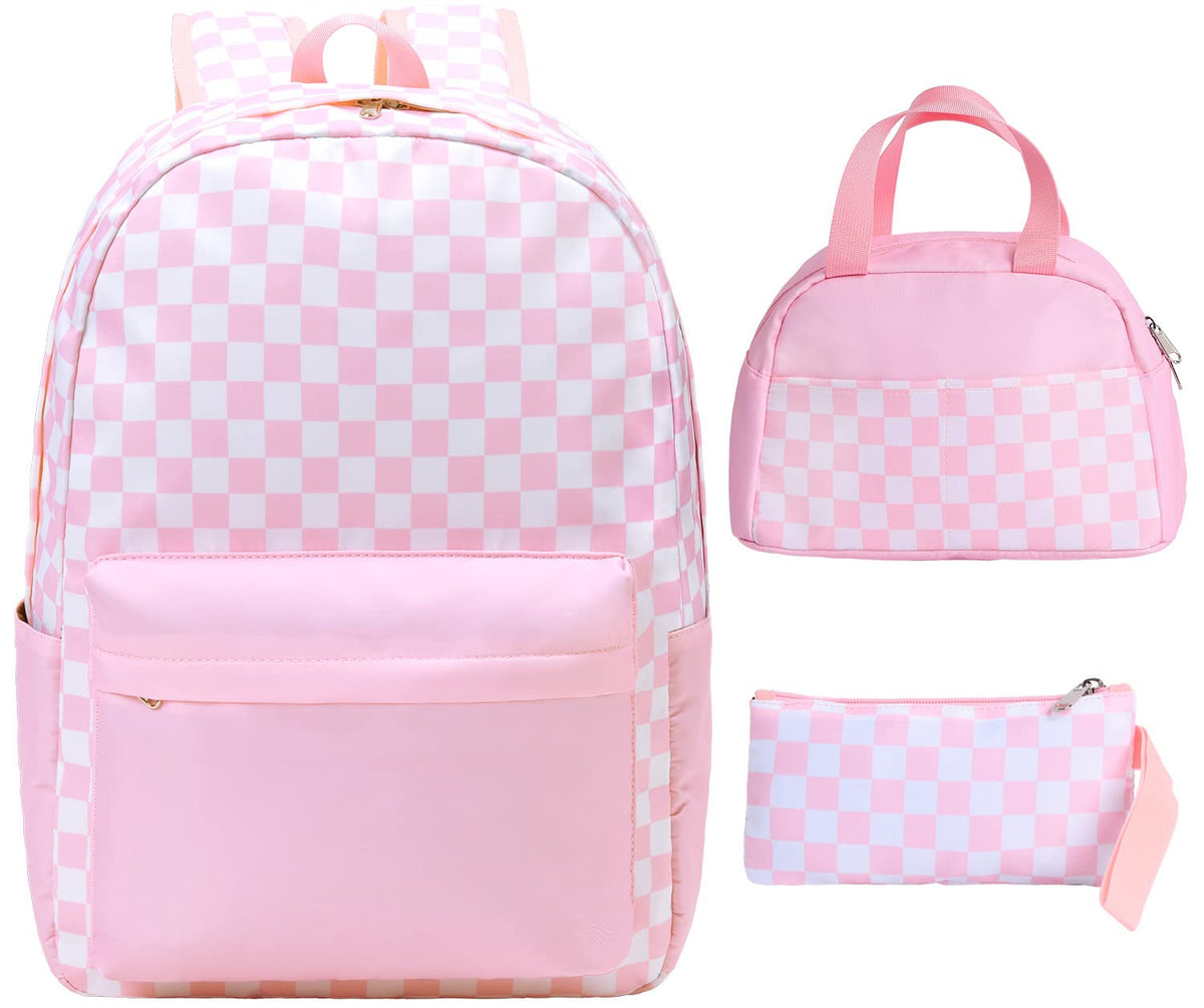 UREYMX 3Pcs Checkered Backpack Sets with Lunch Box and Pencil Case School Backpack Boys Girls Backpacks for Kids Large Capacity Waterproof Lightweight Backpack Pink