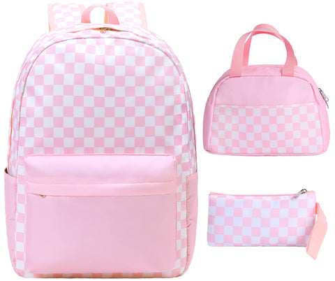 UREYMX 3Pcs Checkered Backpack Sets with Lunch Box and Pencil Case School Backpack Boys Girls Backpacks for Kids Large Capacity Waterproof Lightweight Backpack Pink