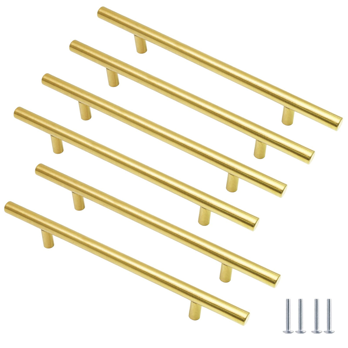 Cjueiom 6 Pack Gold Cupboard Handles 128mm Hole Center T Bar Handles, Stainless Steel Drawer Handles Long Wardrobe Door Handles Pulls, 200mm Length Kitchen Cabinet Handles for Bedroom Drawer