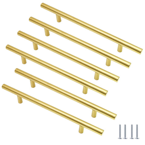 Cjueiom 6 Pack Gold Cupboard Handles 128mm Hole Center T Bar Handles, Stainless Steel Drawer Handles Long Wardrobe Door Handles Pulls, 200mm Length Kitchen Cabinet Handles for Bedroom Drawer