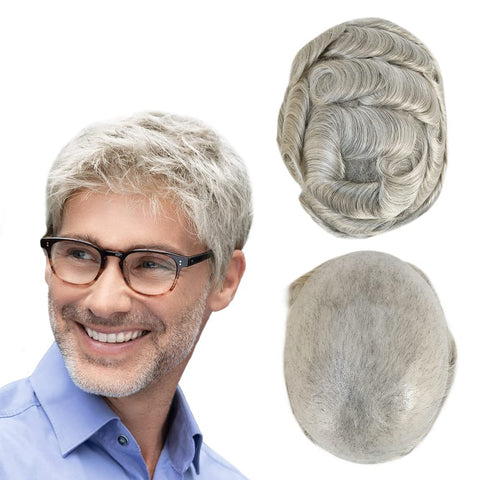 HAIR NATURE Toupee for Men Human Hair Pieces, Human Hair Replacement System, Thin Skin 0.03mm V-looped Grey Hairpieces #580