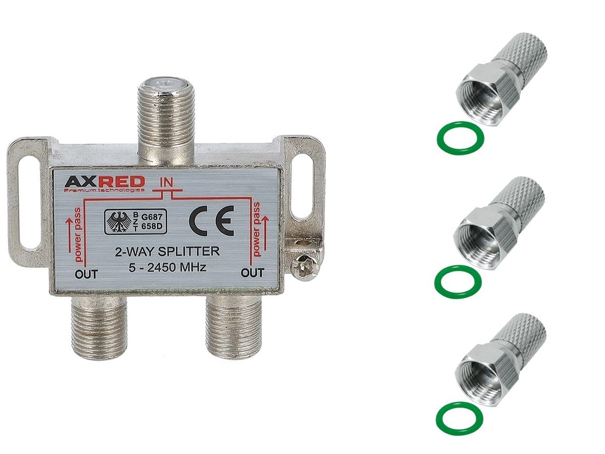 Anadol AXRED Satellite Splitter 2-Way + 3x F-Connectors for Distribution of 1 Antenna Signal to 2 Devices (Receiver/TV/FM Radio) 2-Way Satellite Splitter