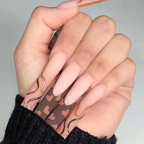 Hkanlre Long French Press on Nails Tips Coffin Fake Ballerina Swirl Nails Heart Full Cover False Nails for Women and Girls 24PCS
