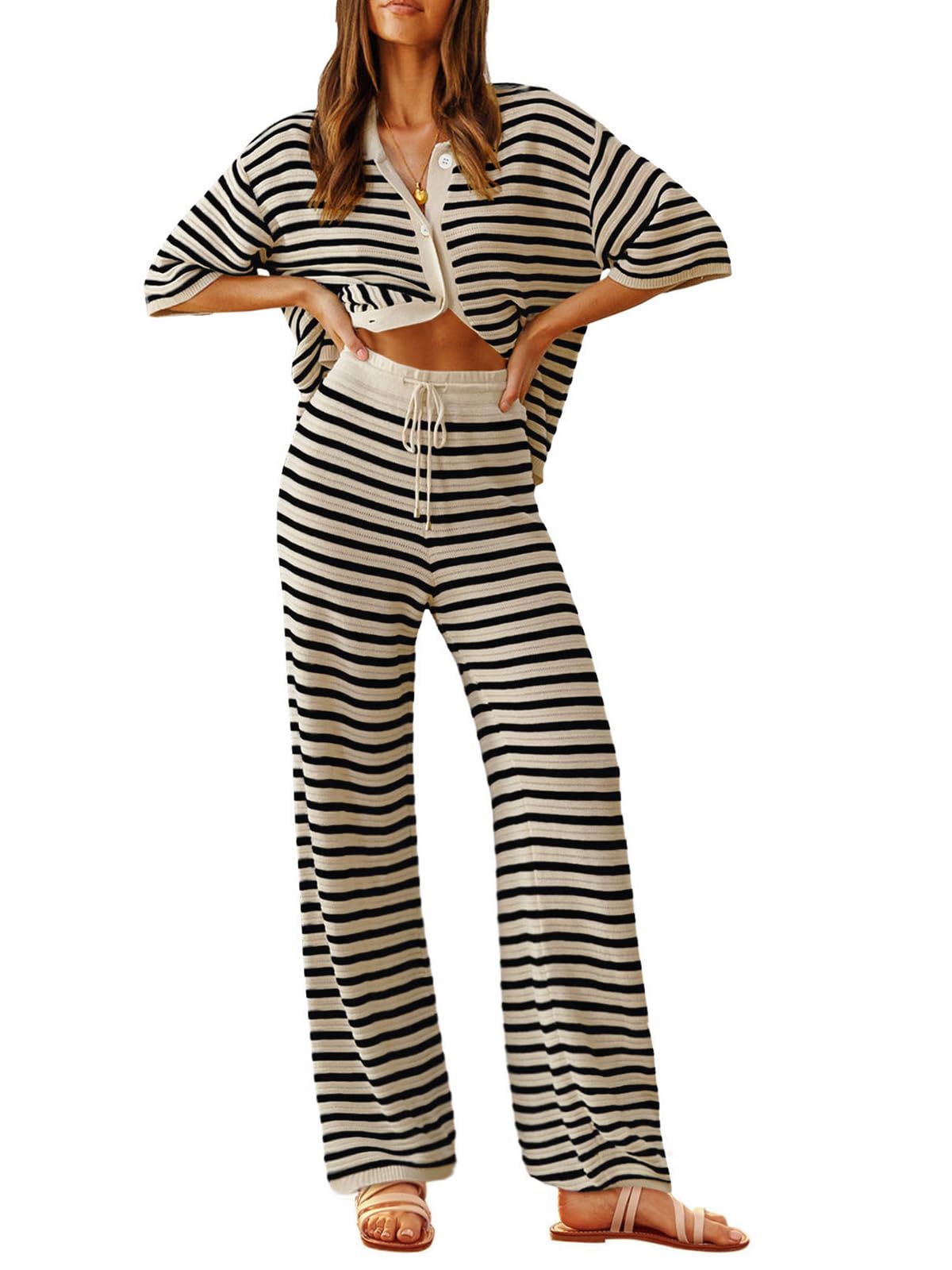 Tankaneo Womens Knit 2 Piece Lounge Sets Striped Short Sleeve Tops and Wide Leg Pants Travel Airport Vacation Outfits Apricot