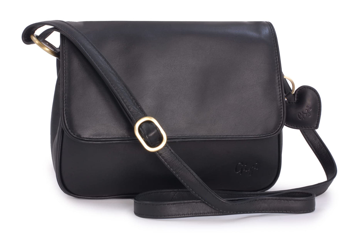 Gigi - Women's Leather Flap Over Cross Body Handbag - Shoulder Bag with Long Adjustable Strap - OTH1008 - with heart keyring charm - Black