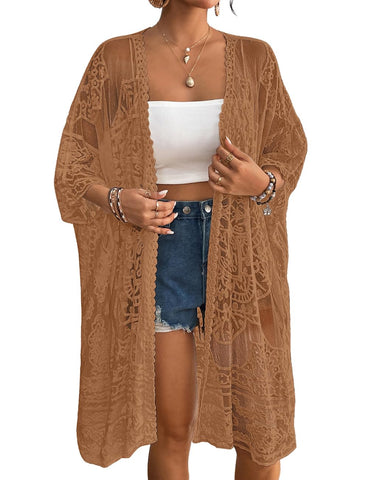 Bsubseach Cover Ups for Swimwear Women Open Front Lace Kimono Cardigan Swimsuit Coverup Sheer Beach Dress Brown