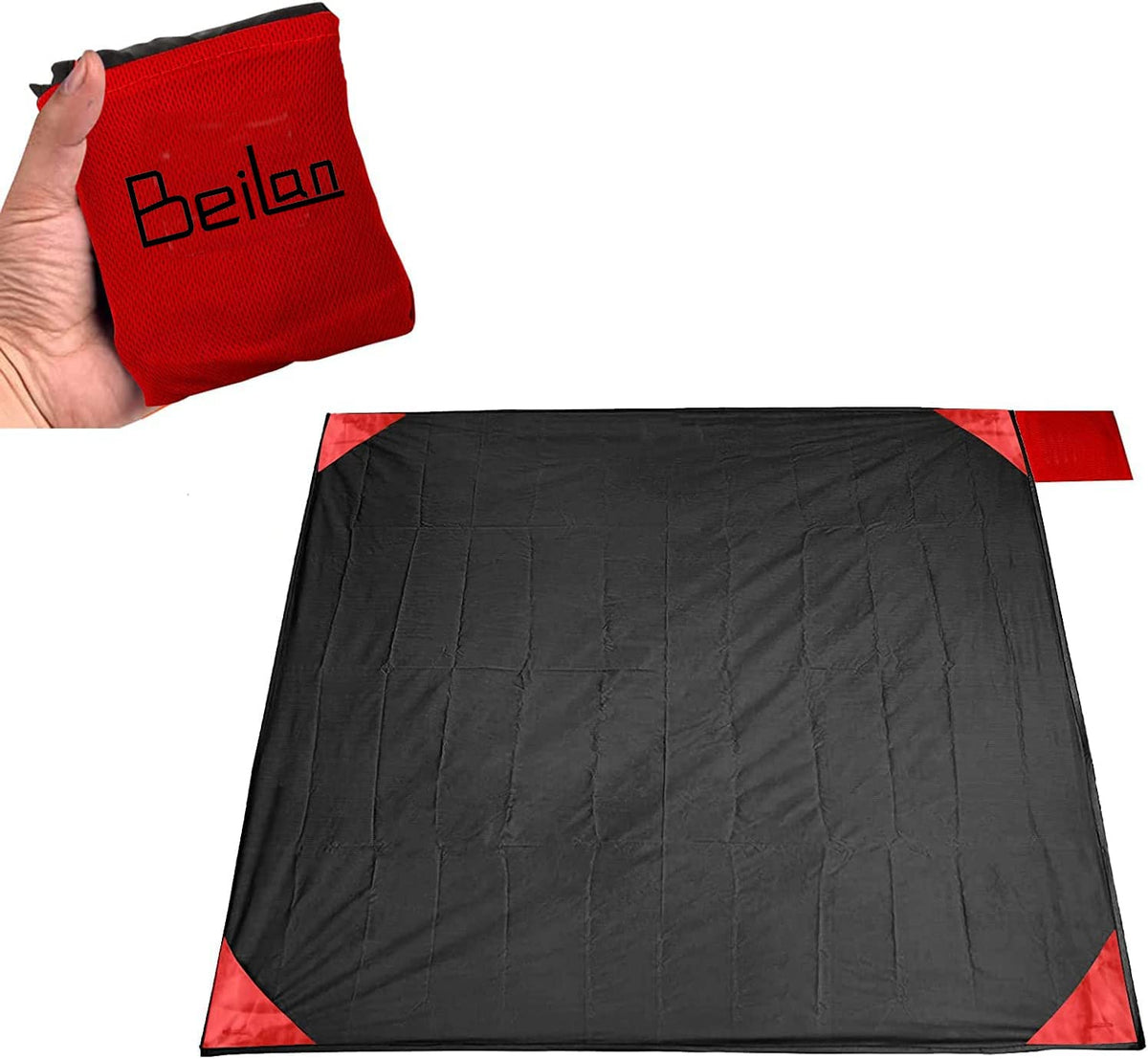 BeiLan Mini Pocket Picnic Blanket Durable Lightweight Waterproof Sand Proof Beach Camping Travel Mat Foldable Thin Ground Sheetg for Outdoors Activities (200 * 210cm, Black & Red)