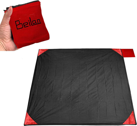 BeiLan Mini Pocket Picnic Blanket Durable Lightweight Waterproof Sand Proof Beach Camping Travel Mat Foldable Thin Ground Sheetg for Outdoors Activities (200 * 210cm, Black & Red)