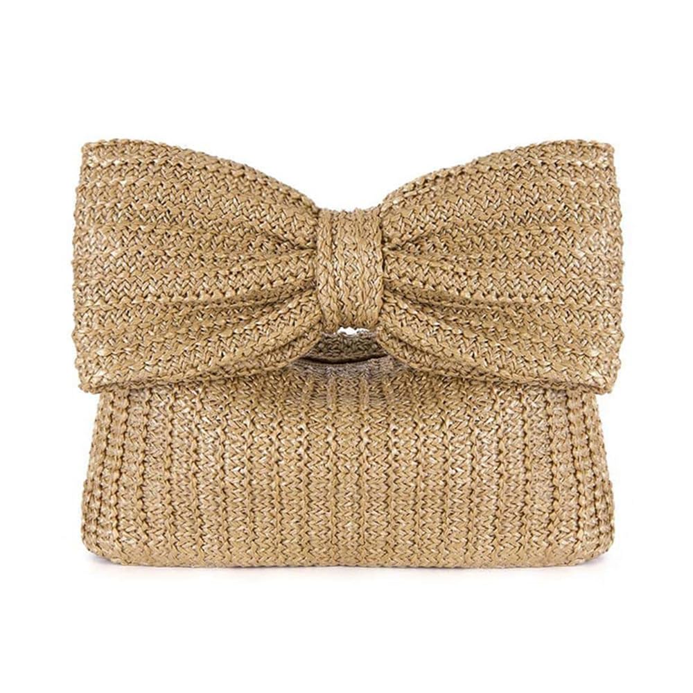 TOFBS Women's Clutch Bow Straw Handbag Women Summer Clutch Beach Bag with Zip Woven Puese Tote Bag for Party Holiday, khaki