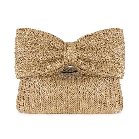TOFBS Women's Clutch Bow Straw Handbag Women Summer Clutch Beach Bag with Zip Woven Puese Tote Bag for Party Holiday, khaki