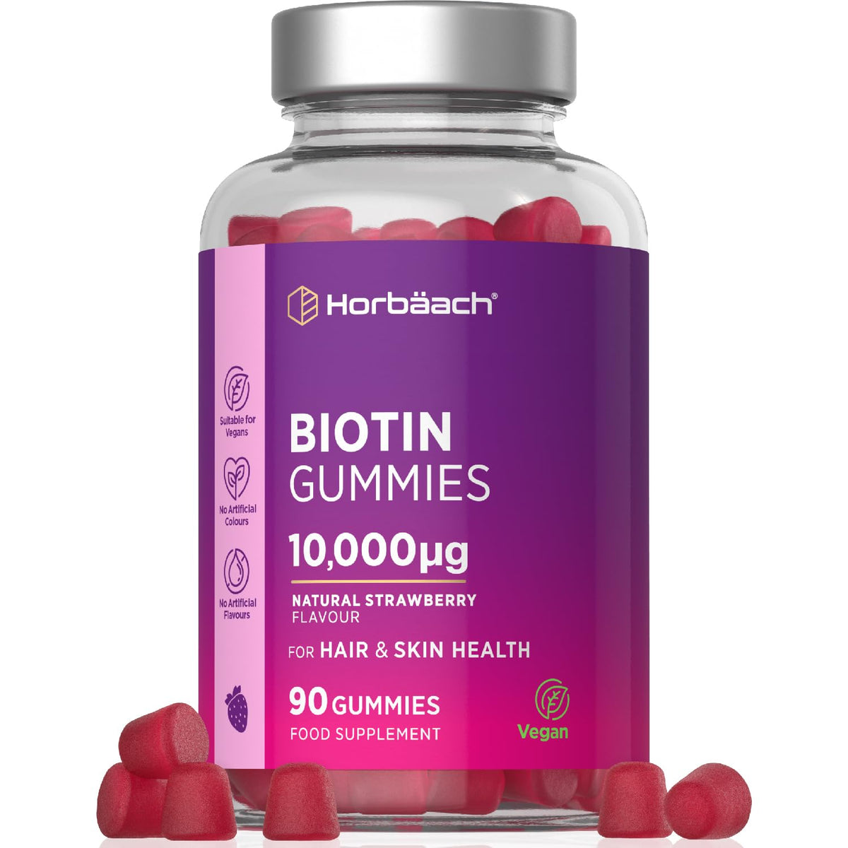 Biotin Gummies 10,000mcg | 90 Vegan Vitamins | for Hair Growth & Skin Health | Natural Strawberry Flavour | No Artificial Flavours or Sweeteners | by Horbaach