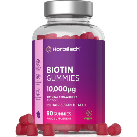 Biotin Gummies 10,000mcg | 90 Vegan Vitamins | for Hair Growth & Skin Health | Natural Strawberry Flavour | No Artificial Flavours or Sweeteners | by Horbaach