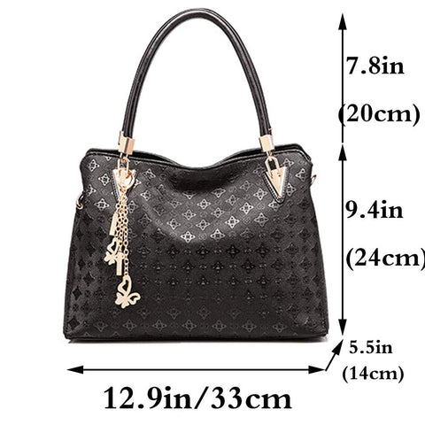 FiveloveTwo Women PU Ladies Handbag Purse Tote Satchel Shoulder Bag Tassel Print 4pcs Set Top Handle Bag Clutch Card Holder Black