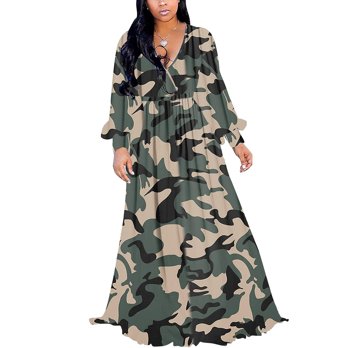 BOGURST Plus Size Maxi Dress for Women Chiffon Deep V-Neck Printed Loose Summer Beach Dresses, Dc Camouflage, M