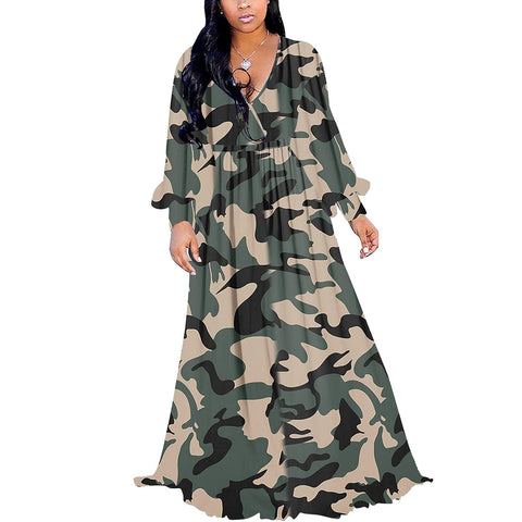 BOGURST Plus Size Maxi Dress for Women Chiffon Deep V-Neck Printed Loose Summer Beach Dresses, Dc Camouflage, M