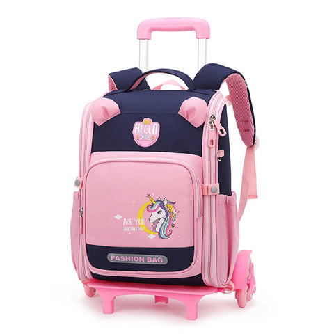 GLOOMALL Cute Rolling Backpack School Girls Boys, Lightweight Trolley Travel Bag with 6 Wheels Classic Roller Luggage (Blue pink unicorn)