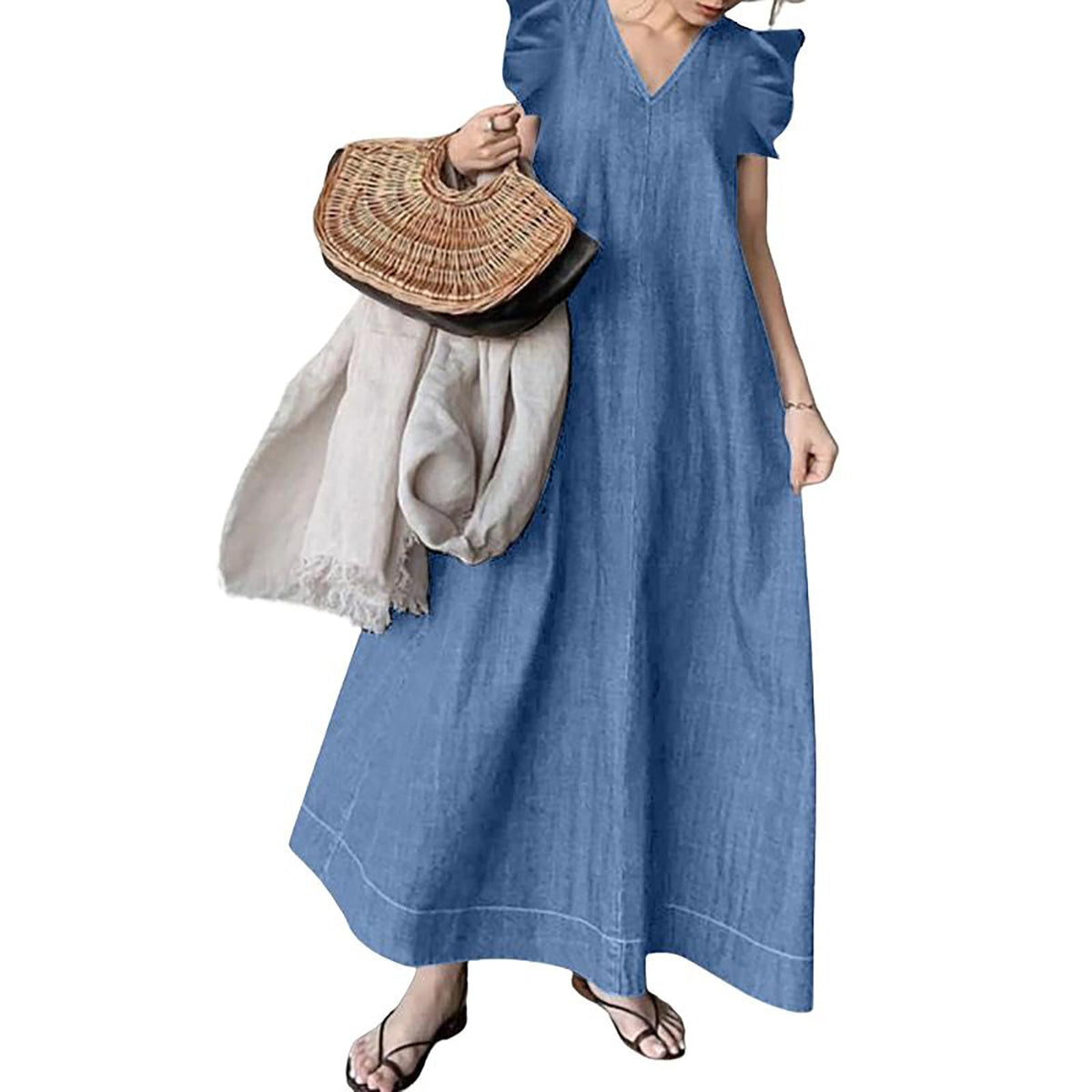 utcoco Womens Long Denim Dress Casual Loose Fit Ruffle Sleeveless V-Neck Jean Maxi Dresses for Women 2024 (X-Large, Blue)