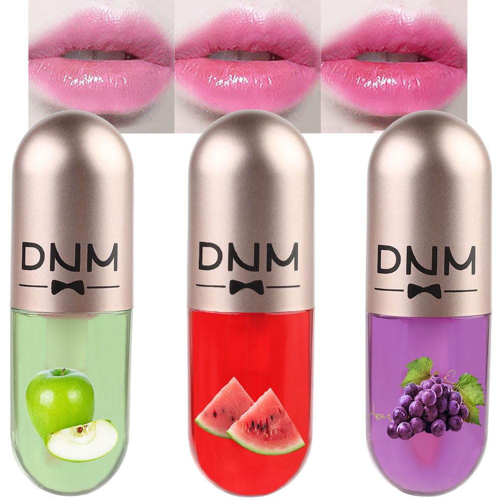 evpct 3Pcs Apple Watermelon Grapes Mini Clear Color Changing Lip Oil Tinted Lip Gloss Set for Women Girls Lip Balm Tint Stain Glaze Pack Lipstick Magic labiales magicos brillos para labios