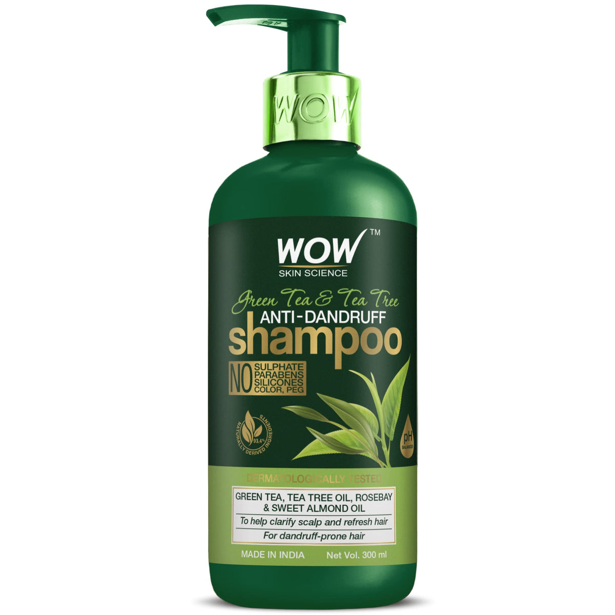 WOW Skin Science Green Tea & Tea Tree Anti-Dandruff Shampoo - NO Sulphates, Parabens, Silicones, Color & PEG - 300 ml