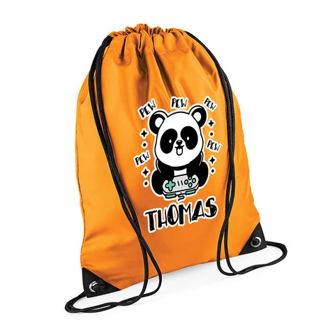 Personalised Gaming Enthusiast Panda Pew ANY NAME Gaming Pro PC Gamer Console Gamer Birthday Drawstring Bag, PE Gym Kit, Swimming Rucksack. (Orange)