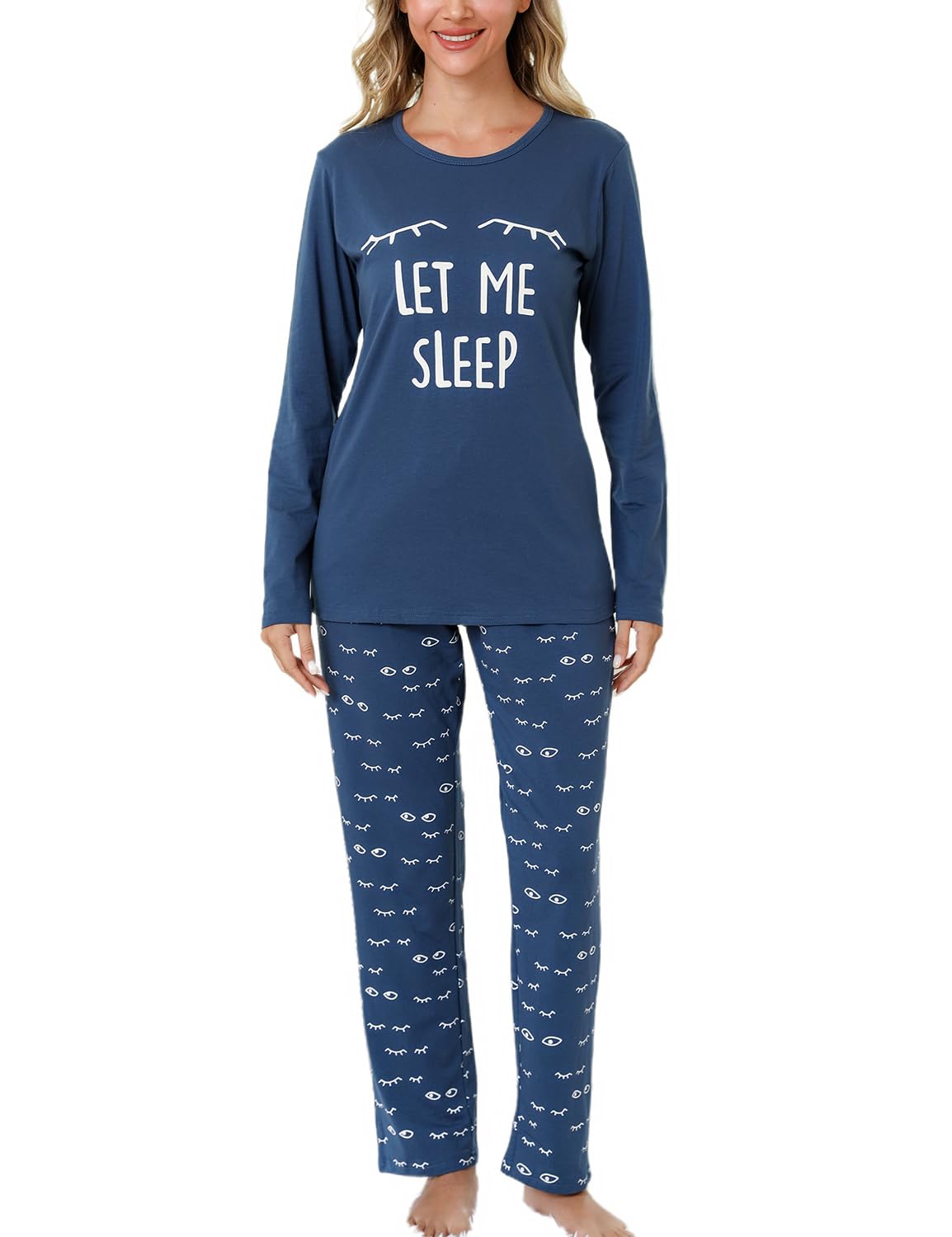 EISHOPEER Women's Cotton Long Sleeve Pajamas Set Closed Eyes Sleepwear Top and Pants Cute Pjs Lounge Sets with Pocket Blue Small