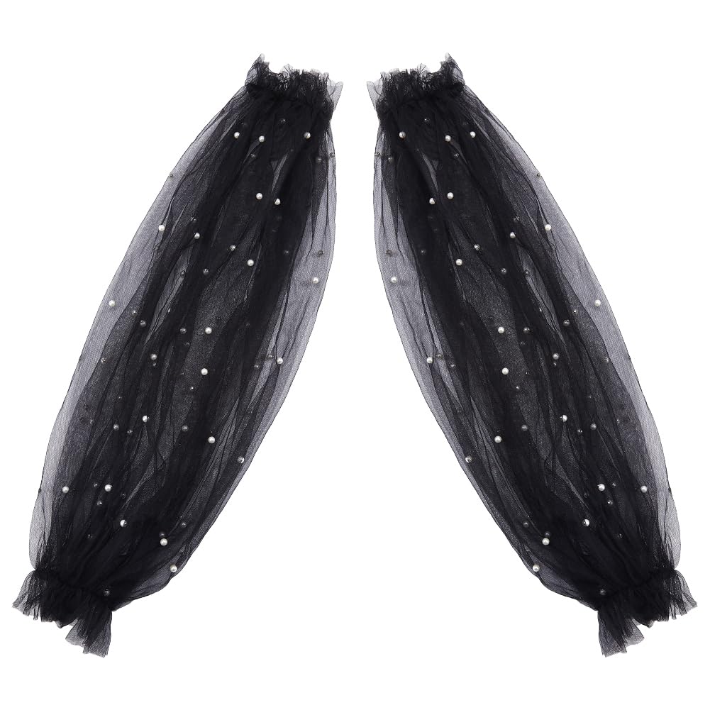GORGECRAFT 2Pcs Removable Tulle Puff Sleeves Black Polyester White Faux Pearls Beaded Detachable Long Bridal Sleeve Lace Appliques Costume Accessory for Wedding Dress Prom Evening Party 61x22.5cm