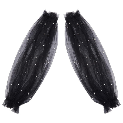 GORGECRAFT 2Pcs Removable Tulle Puff Sleeves Black Polyester White Faux Pearls Beaded Detachable Long Bridal Sleeve Lace Appliques Costume Accessory for Wedding Dress Prom Evening Party 61x22.5cm