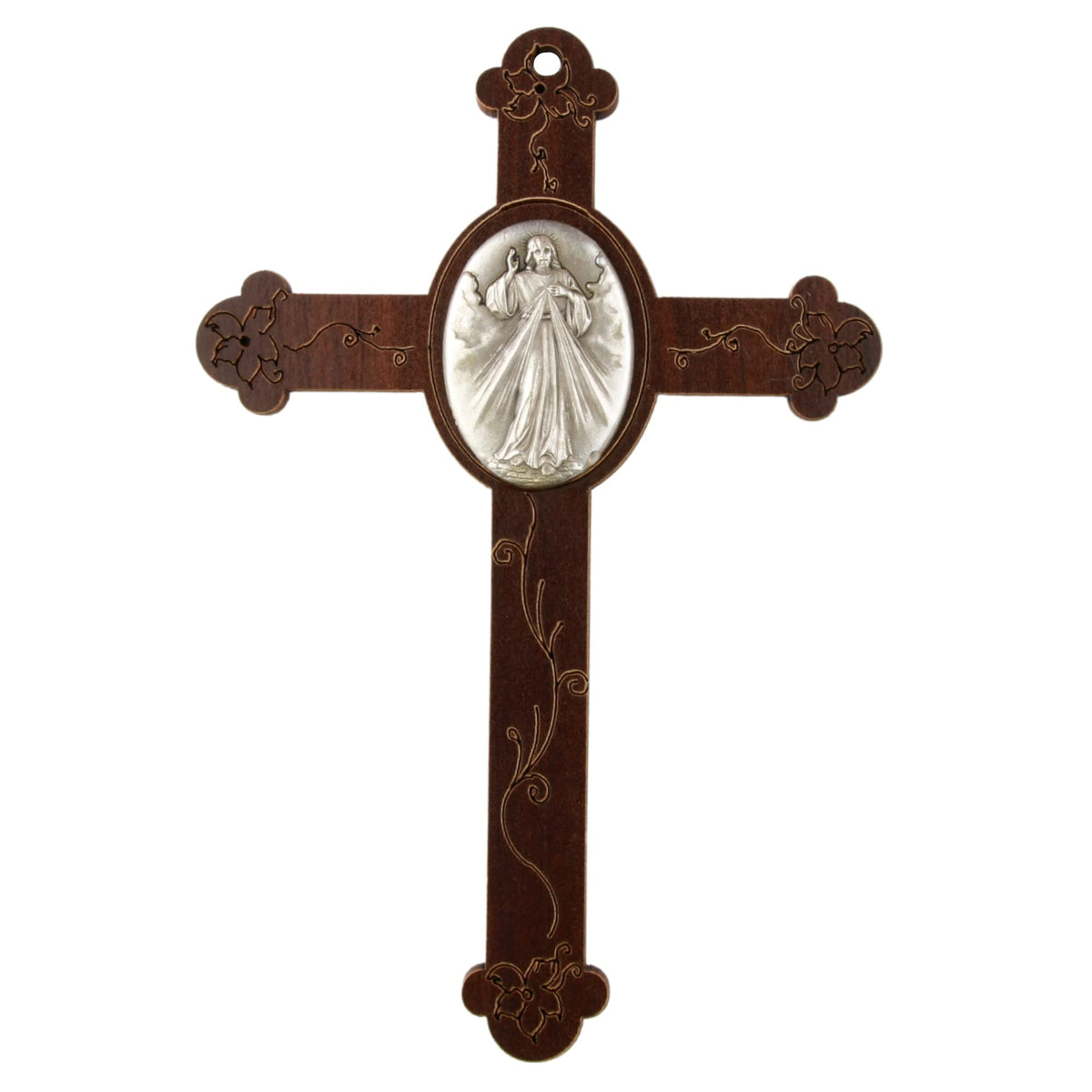 Needzo Wooden Cross with Pewter Divine Mercy Centerpiece and Flower Details, Small Religious Hanging Home Decor, 5 Inches X 3.5 Inches