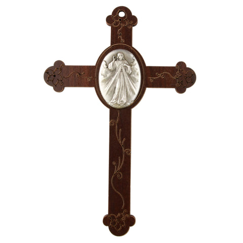 Needzo Wooden Cross with Pewter Divine Mercy Centerpiece and Flower Details, Small Religious Hanging Home Decor, 5 Inches X 3.5 Inches