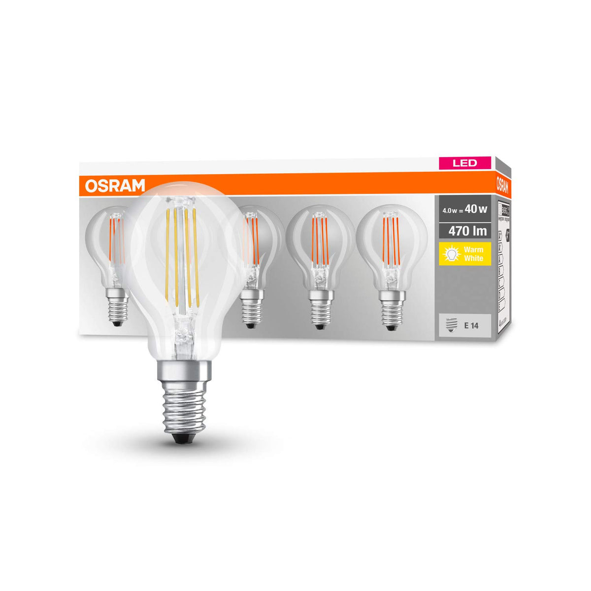 Osram LED Base Classic P Lamp, Socket: E14 Warm White 2700K 4W 40W Incandescent Replacement, Clear, Pack of 5