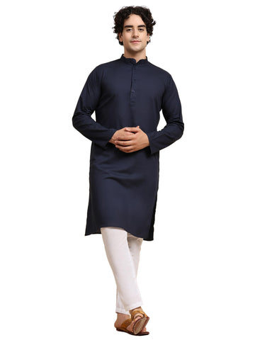 SKAVIJ Men's Pure Cotton Solid Kurta Pajama Set Mandarin Collar Daily Wear Casual Yoga Dress (KP022blue_Blue_L)