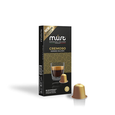MUST, 100 Coffee Capsules in 100% Recyclable Aluminum, Cremoso Blend Intensity 6/8, 10 Packs of 10 Capsules, Compatible with Nespresso Machine, Made in Italy