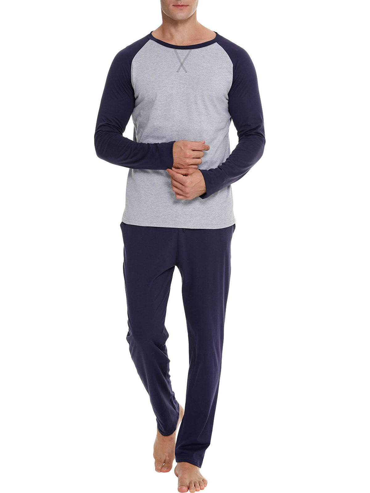 Reliwel Men's Pyjamas, Men's Pyjamas, Two-Piece Pyjamas, Long Sleeve Pyjamas, Cotton Pyjamas, Pyjamas, with Pockets and Soft Belt, Navy blue, XXL