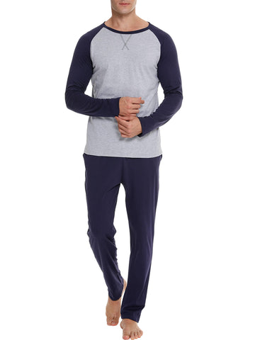 Reliwel Men's Pyjamas, Men's Pyjamas, Two-Piece Pyjamas, Long Sleeve Pyjamas, Cotton Pyjamas, Pyjamas, with Pockets and Soft Belt, Navy blue, XXL