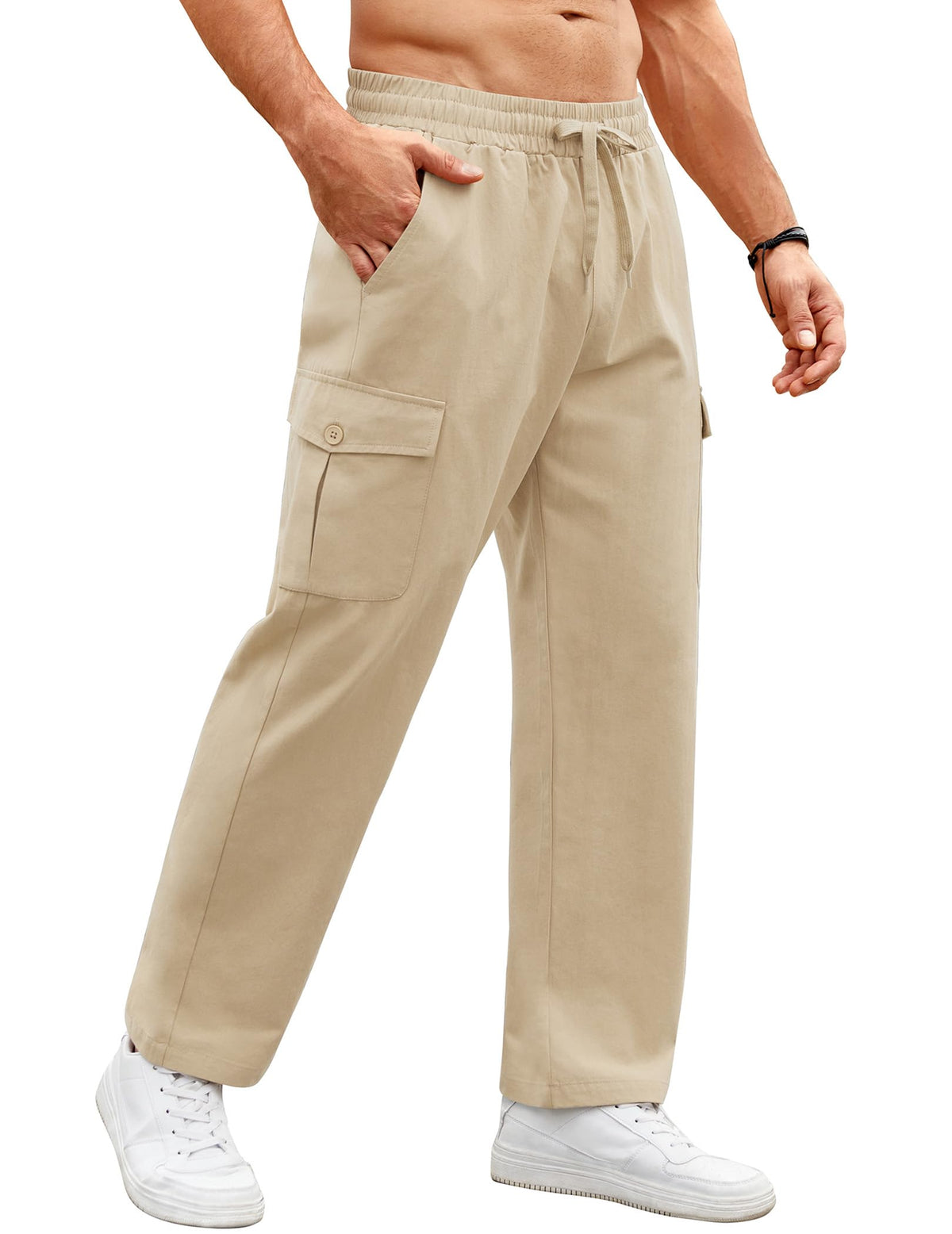 COOFANDY Mens Open Bottom Cargo Sweatpants for Men with Pockets Casual Cotton Elastic Waist Chino Pants, Light Khaki, Medium