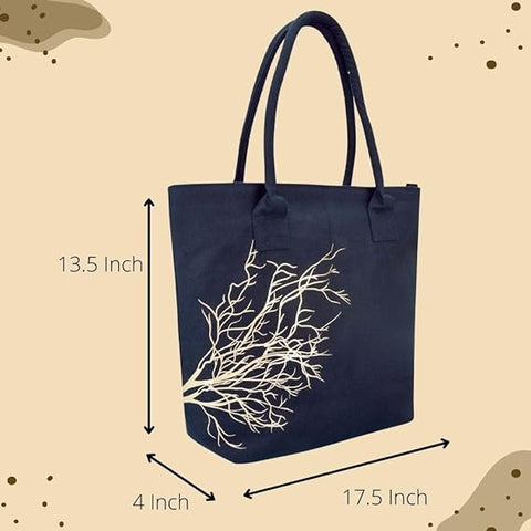 earthsave Handbag for Women | Canvas Tote Bag for Women With Zip (Navy Blue) | Handbag for Office & College | Printed Canvas Travel Bags For Women | Vegan Bag