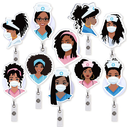Whaline 10Pcs Black Girl Nurse Badge Reel Holder Retractable Nursing Name ID Clips Cute Badge Holder for Nurse Doctor Medical Health Graduation Hospital Office Worker Gifts