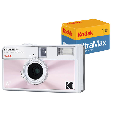 KODAK EKTAR H35N Half Frame Film Camera Bundle with Kodak Ultramax 400/24EXP 35mm Roll Film (Glazed Pink, Bundle)