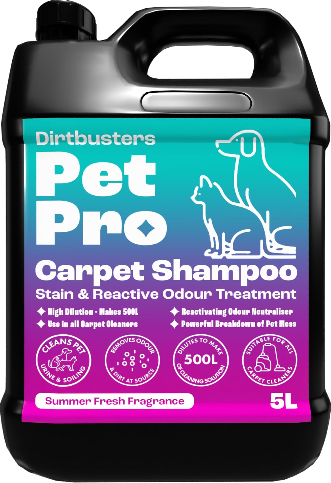 Dirtbusters Pet Pro Carpet Cleaner Shampoo Solution, Deep Cleaning Stain Remover With Odour Neutraliser To Remove Dog & Cat Urine, Carpet Cleaner Solution For All Carpet Shampoo Machines (5L)