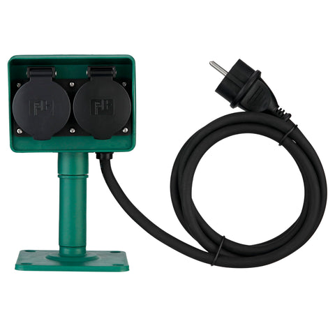 REV Garden Socket with Ground Spike - 4-Way Outdoor Socket, IP44 Splash Protection, 1.4 m Rubber Cable, Includes Base Plate for Flexible Mounting, Green