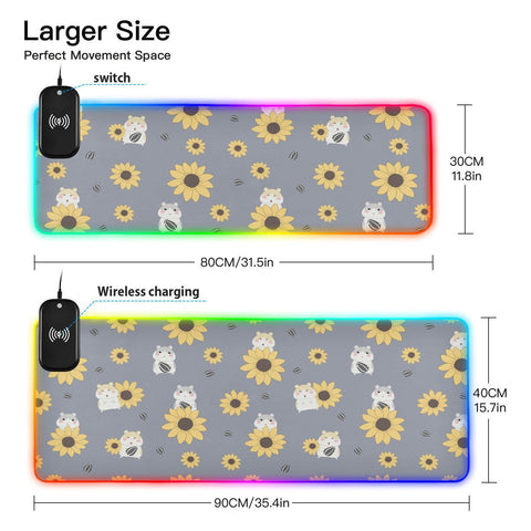 Cute Sunflower Hamster Wireless Charging Mouse Pad for Mobile Phone Extra Large Gaming Mousepad with 13 Lighting Modes Keyboard Mat for Gaming MacBook PC Laptop Desk Office Home