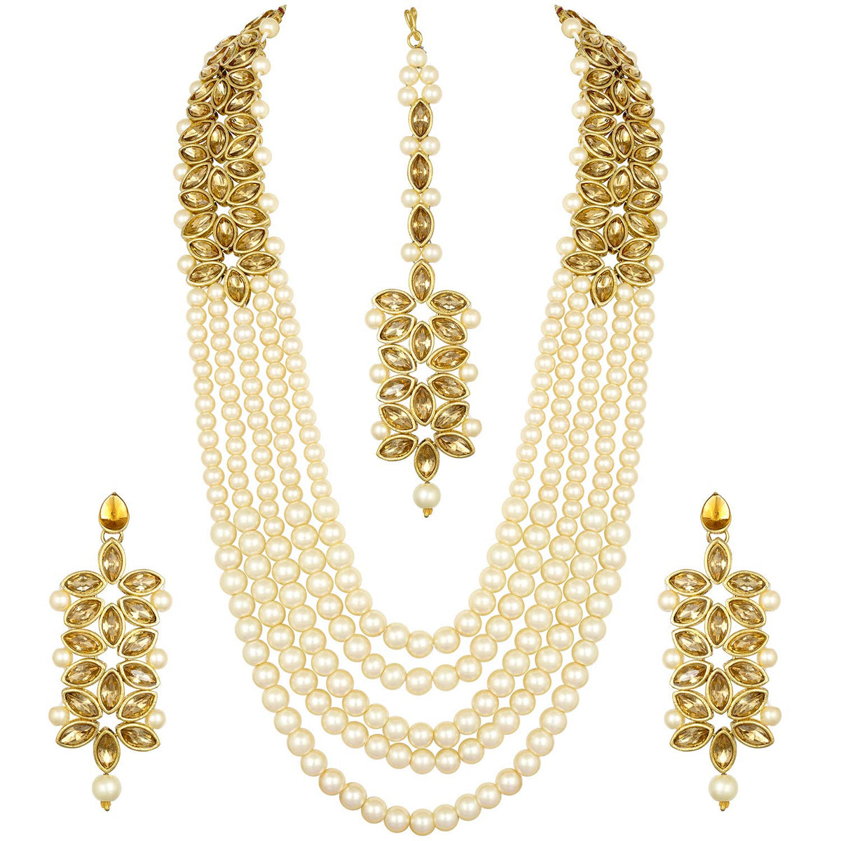 Aheli Classy Faux Kundan Beaded Pearl Long Necklace with Maang Tikka Set Indian Ethnic Wedding Bridal Jewelry for Women